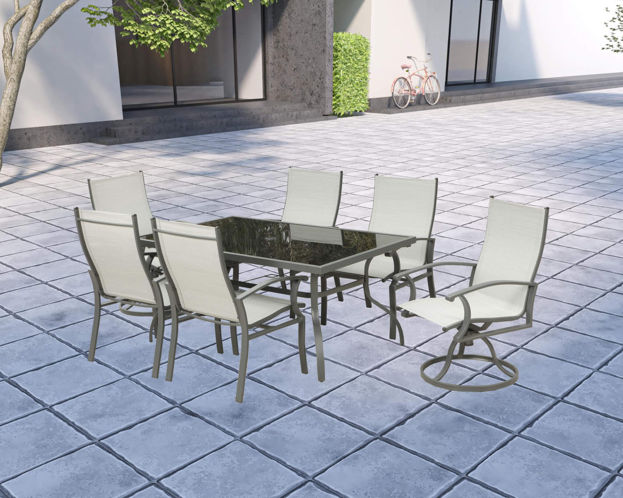 Seven Piece Black Rectangular Glass Dining Set With Six Chairs And Sideboard Included