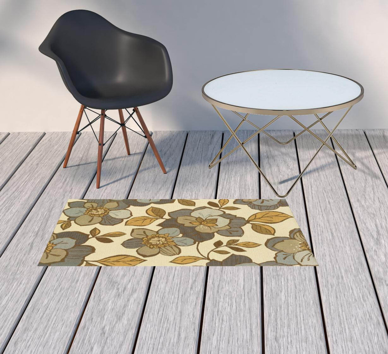 2' X 4' Ivory Floral Stain Resistant Indoor Outdoor Area Rug