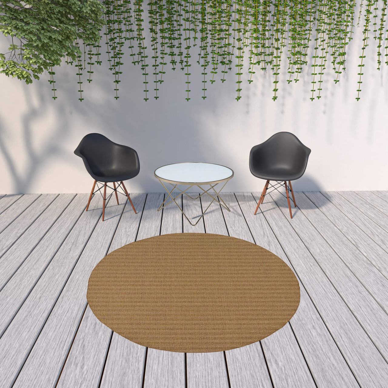 8' Tan Round Striped Stain Resistant Indoor Outdoor Area Rug