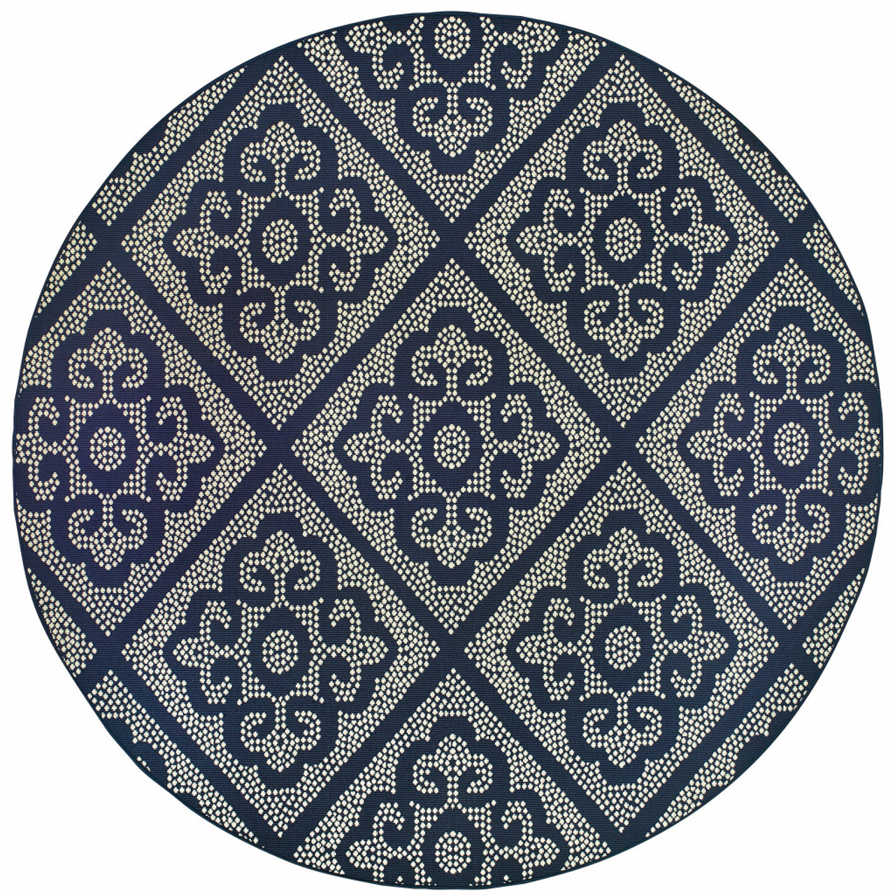 8' Navy Round Geometric Stain Resistant Indoor Outdoor Area Rug