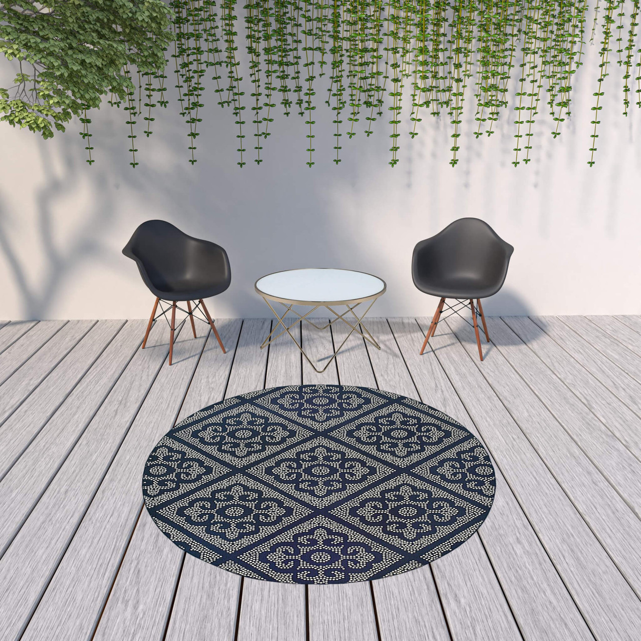 8' Navy Round Geometric Stain Resistant Indoor Outdoor Area Rug