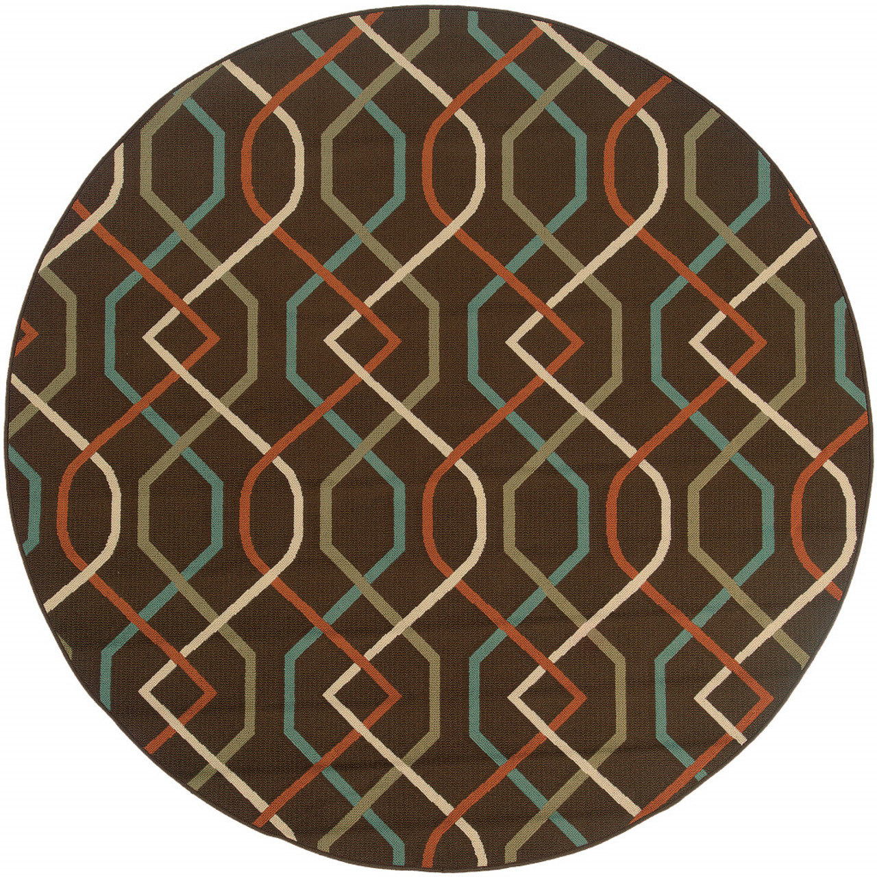 8' Brown Round Geometric Stain Resistant Indoor Outdoor Area Rug