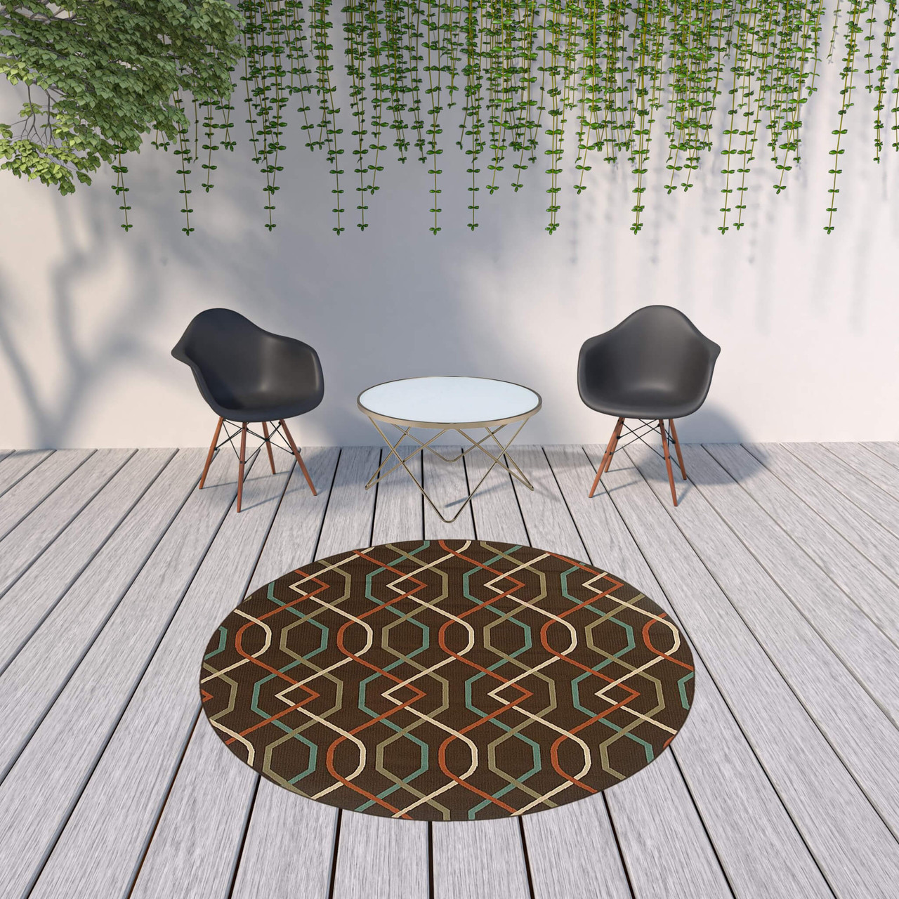 8' Brown Round Geometric Stain Resistant Indoor Outdoor Area Rug