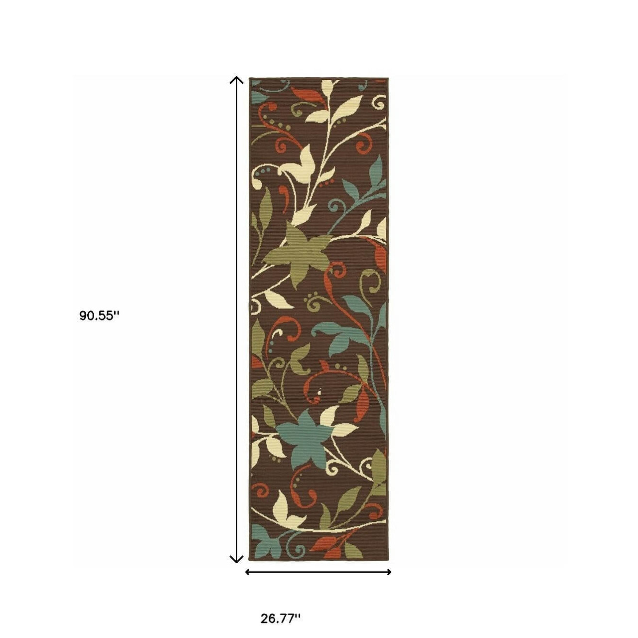 26.77 X 90.55 Brown Floral Stain Resistant Indoor Outdoor Runner Rug
