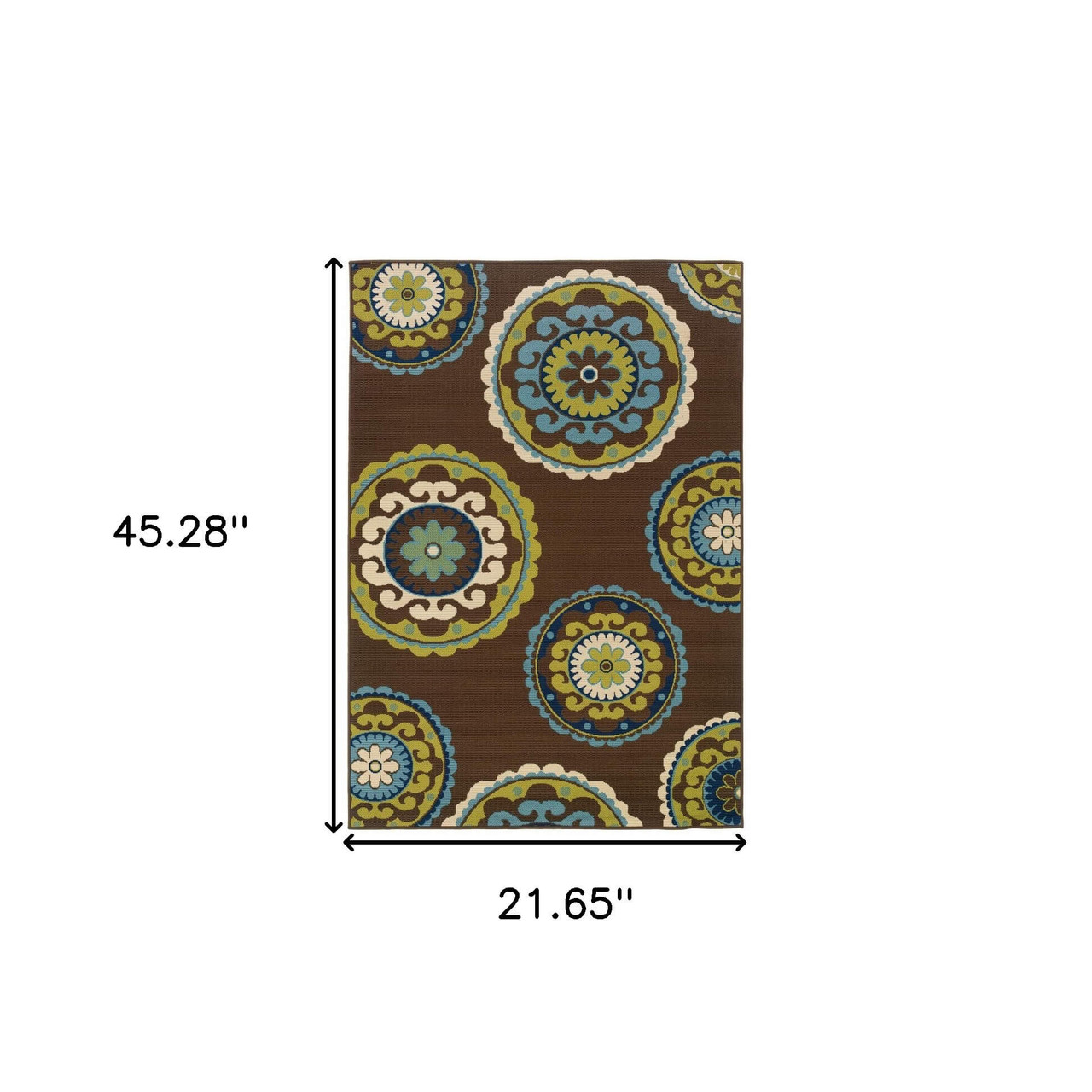 2' X 4' Brown and Green Floral Medallion Indoor Outdoor Area Rug