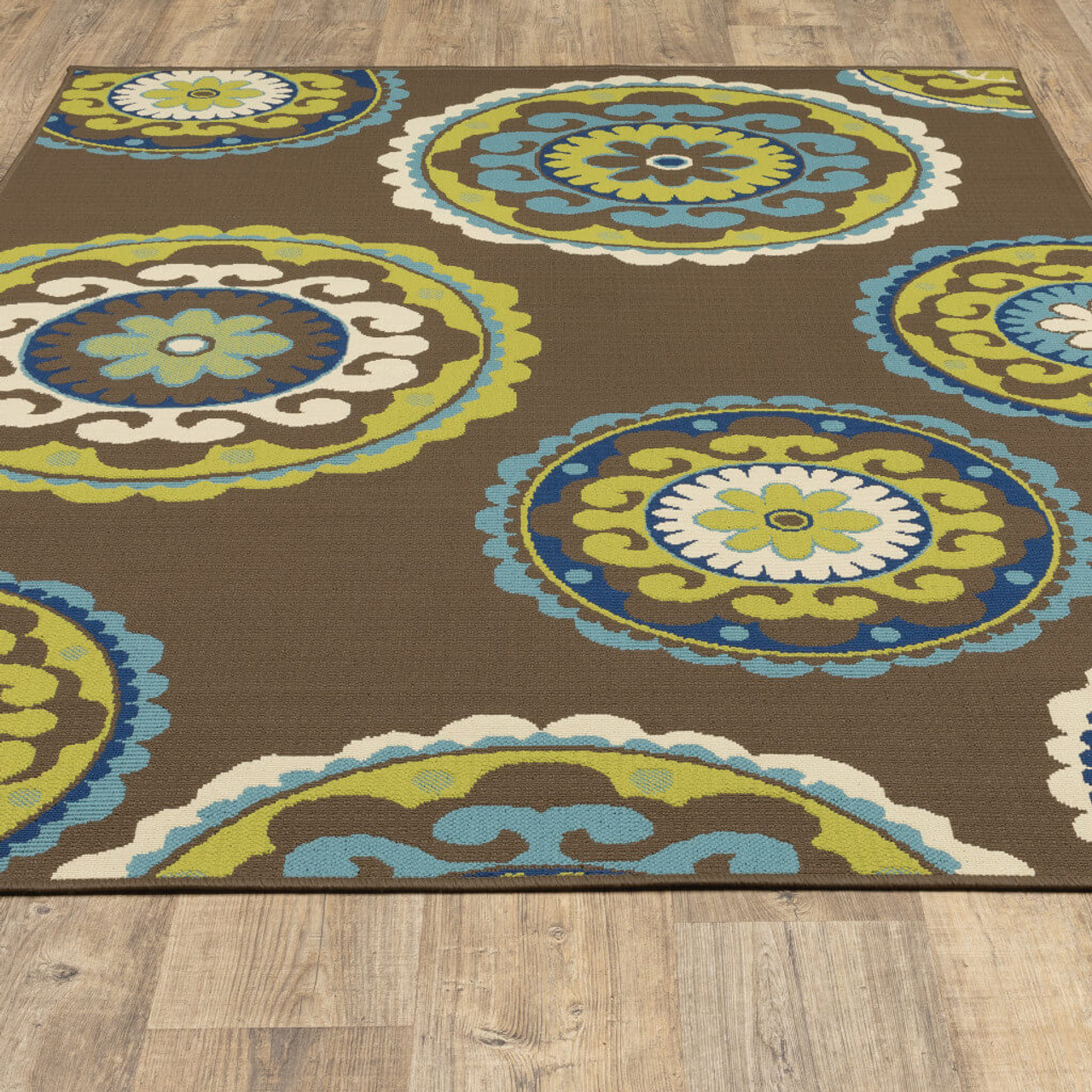 2' X 4' Brown and Green Floral Medallion Indoor Outdoor Area Rug