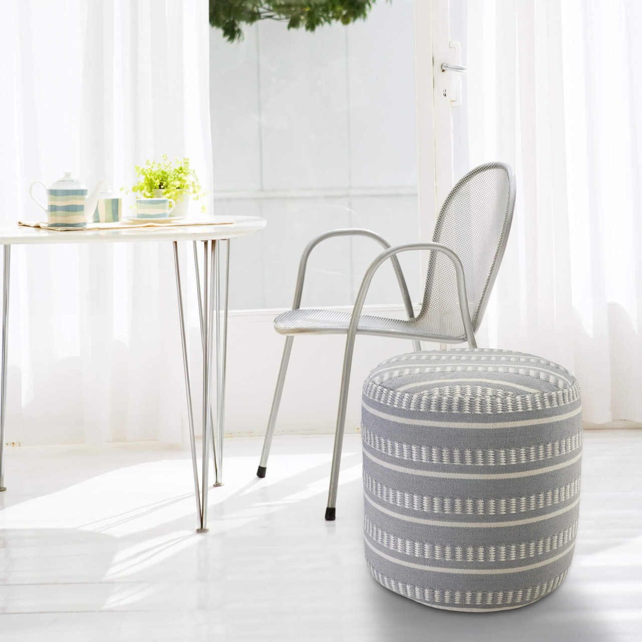 20" Blue Polyester Round Striped Indoor Outdoor Pouf Ottoman