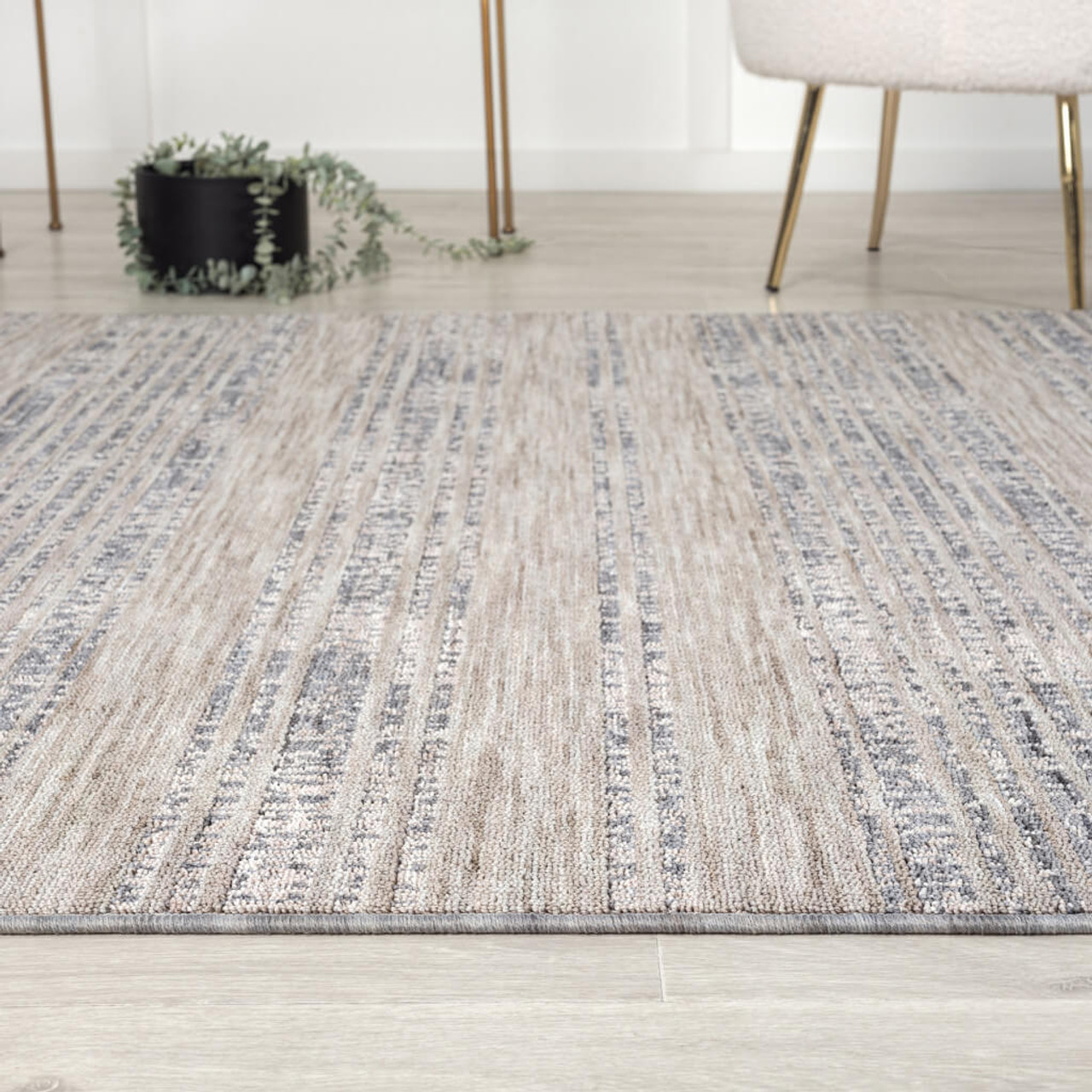 5' X 7' Ivory And Blue Striped Indoor Outdoor Area Rug