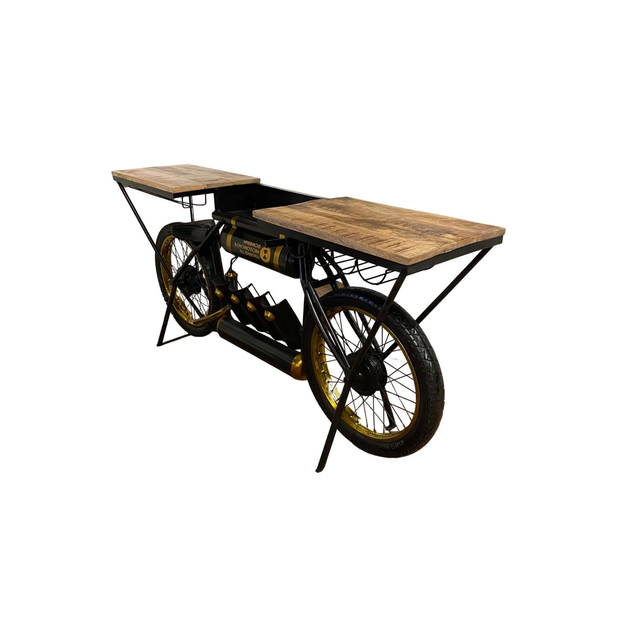 Black And Gold Metal Mango Wood Bike Bar Counter