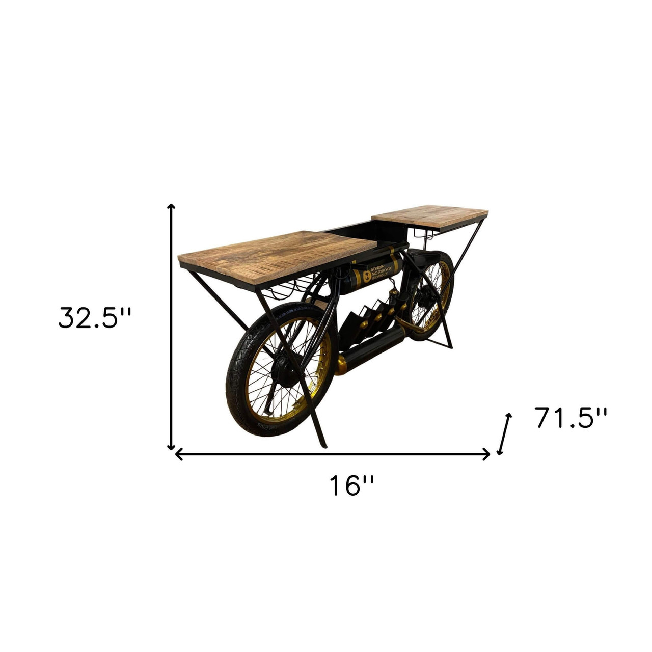 Black And Gold Metal Mango Wood Bike Bar Counter