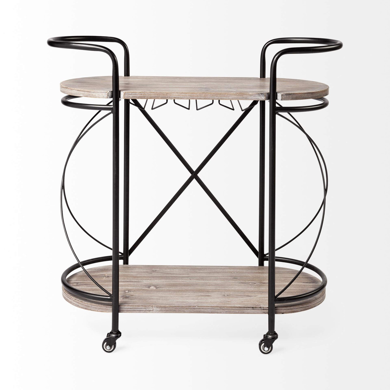 Cyclider Black Metal With Two Wooden Shelves Bar Cart