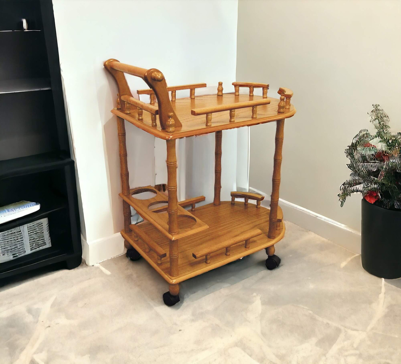 Oak Finish Rolling Wine Bar Cart