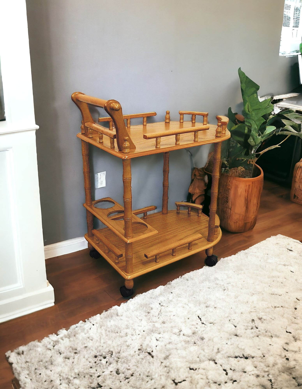 Oak Finish Rolling Wine Bar Cart