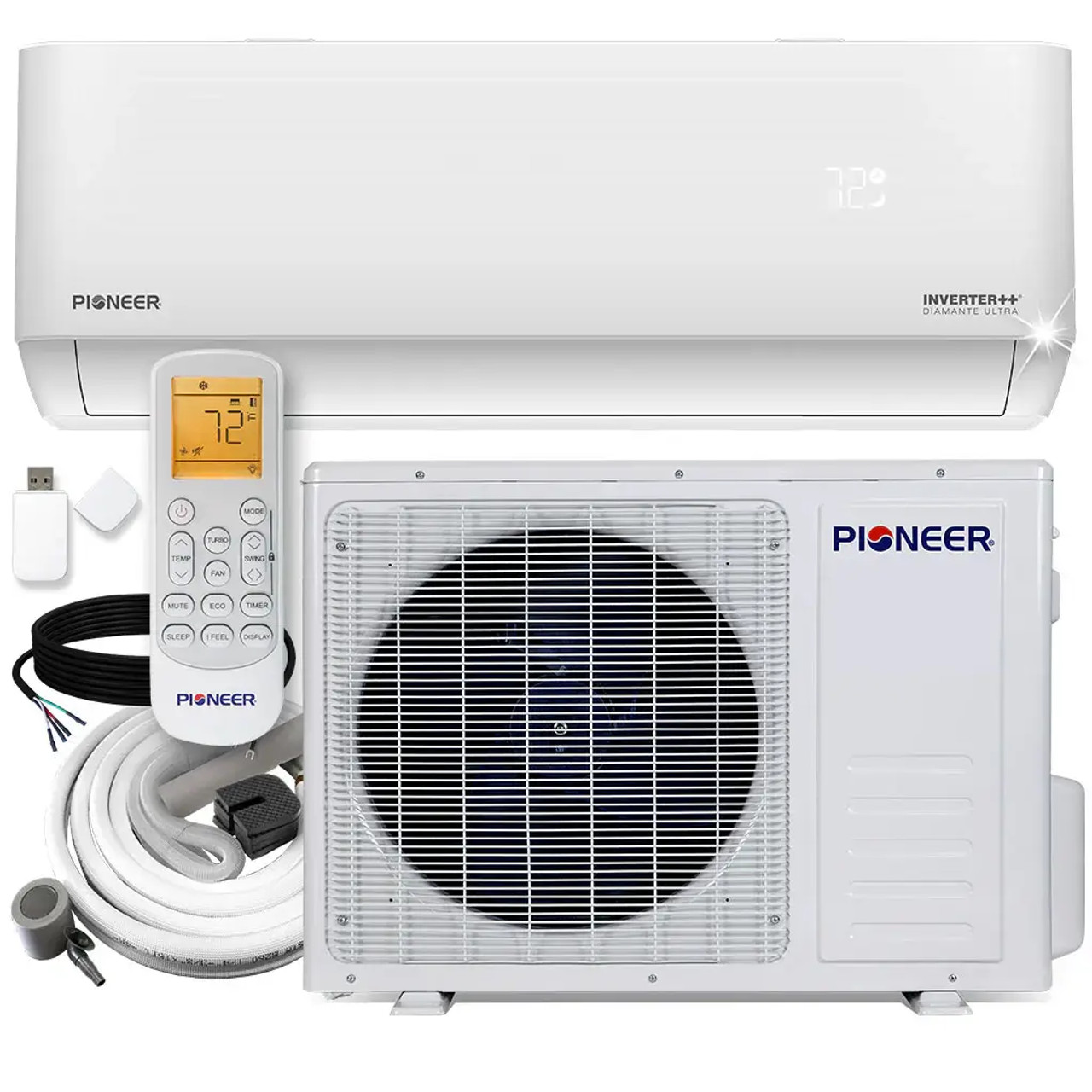 Pioneer® Diamante Ultra 9,000 BTU 23.5 SEER2 Ductless Mini-Split Inverter++ Energy-Star Wi-Fi Air Conditioner Heat Pump Full Set 230V with 16 Ft. Kit