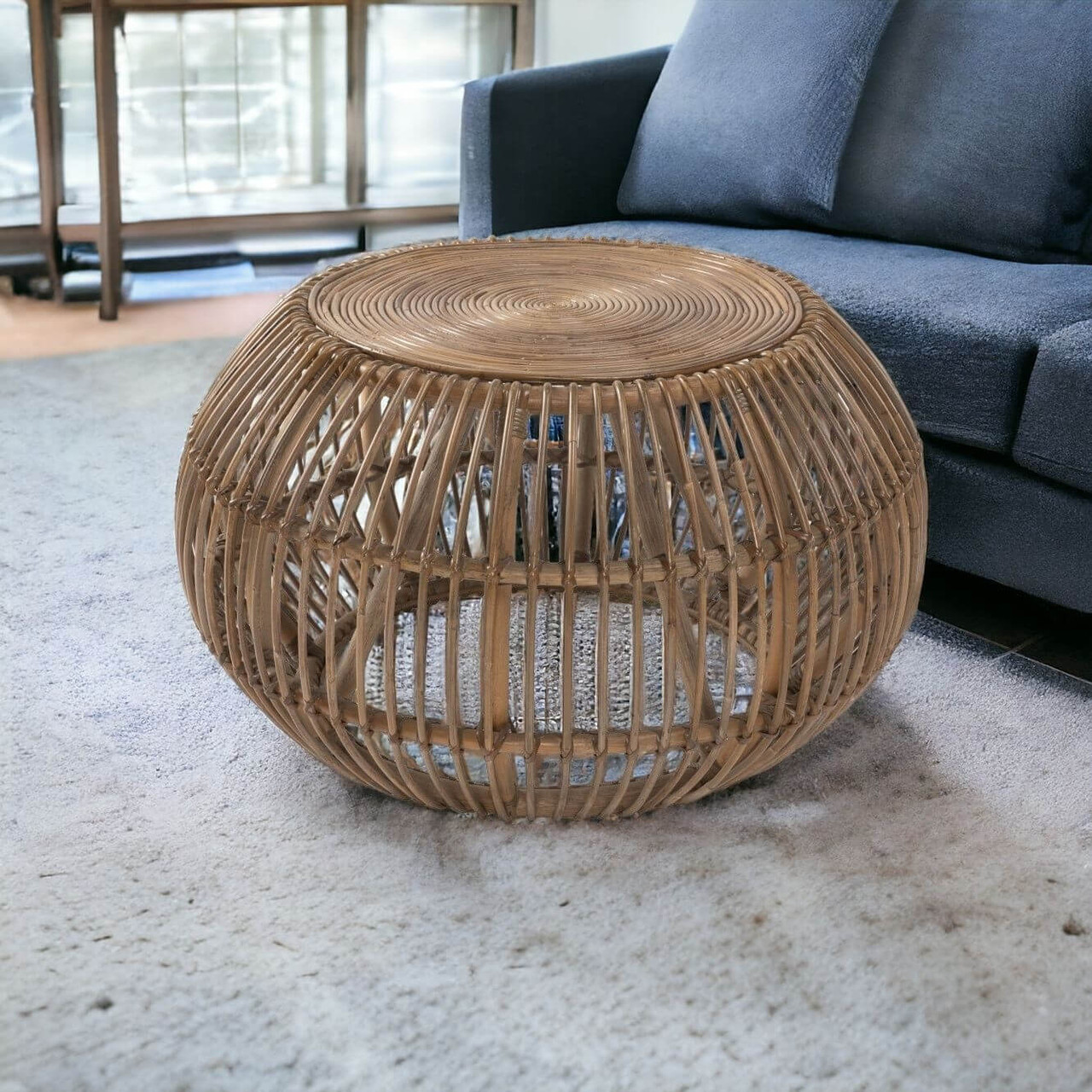 32" Natural Rattan Round Distressed Coffee Table