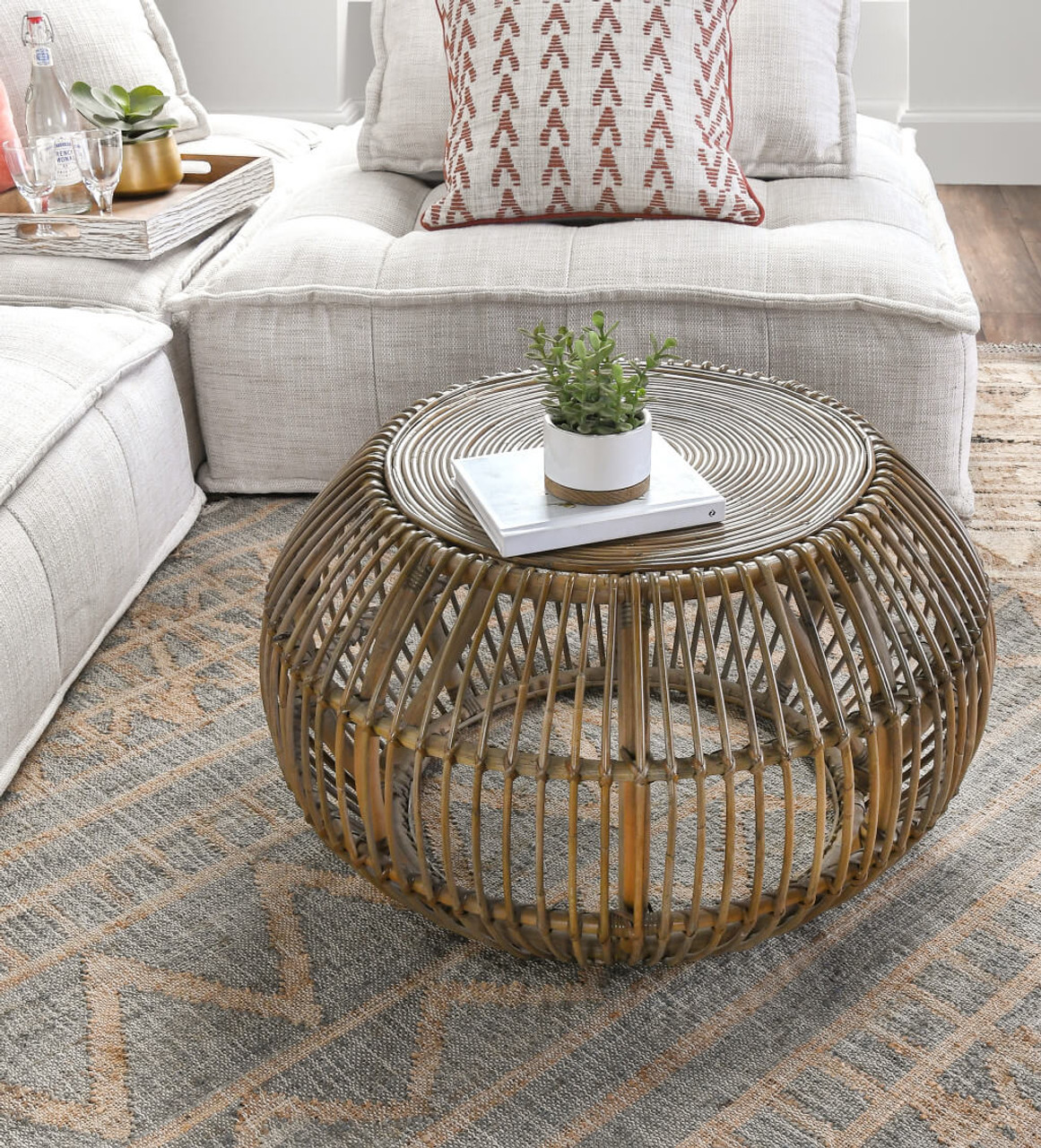 32" Natural Rattan Round Distressed Coffee Table