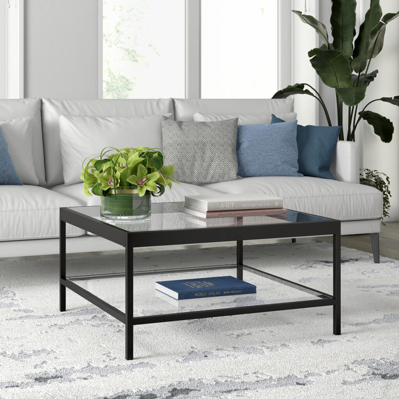 32" Black Glass And Steel Square Coffee Table With Shelf