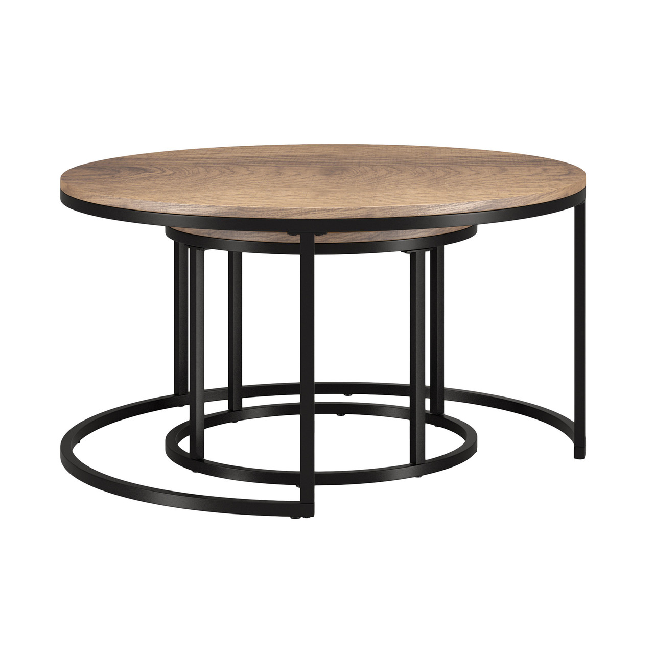 Set of Two 35" Brown And Black Steel Round Nested Coffee Tables