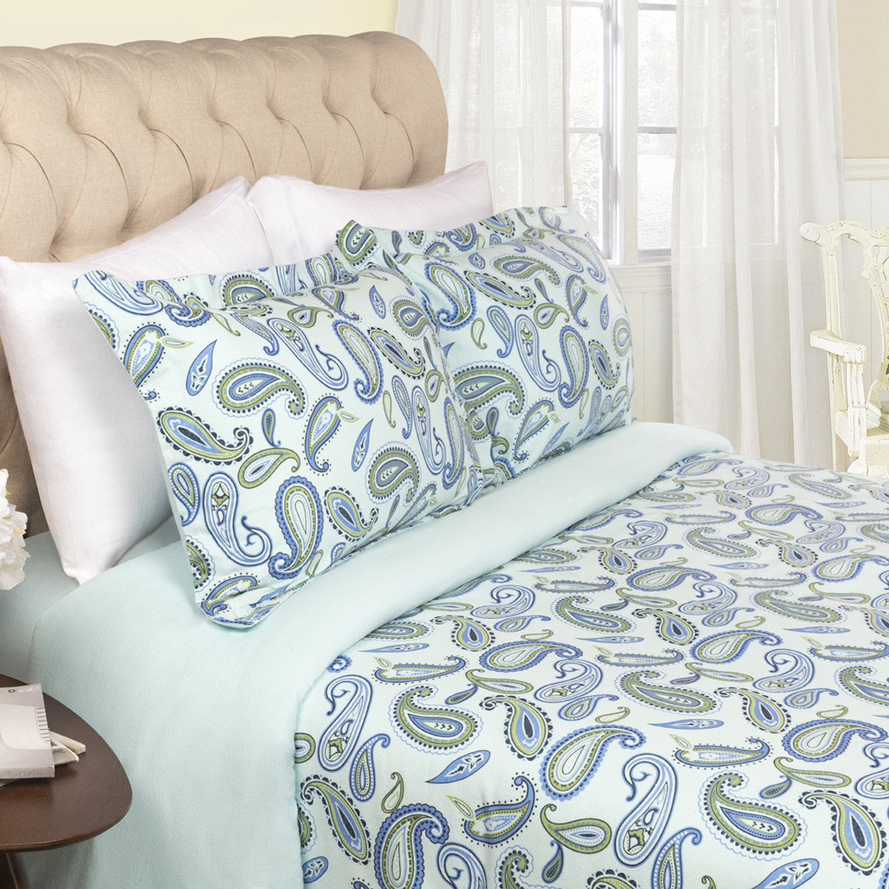Blue and Green Queen Cotton Blend 0 Thread Count Washable Duvet Cover Set