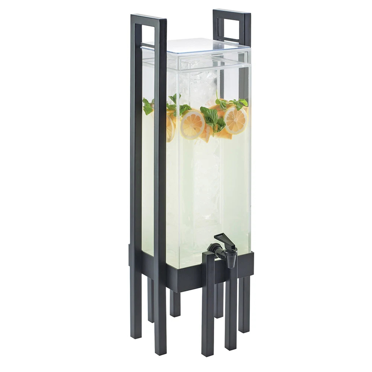 Cal-Mil 3 gal Beverage Dispenser w/ Infuser - Clear Acrylic & Black Steel Frame - Chicken Pieces