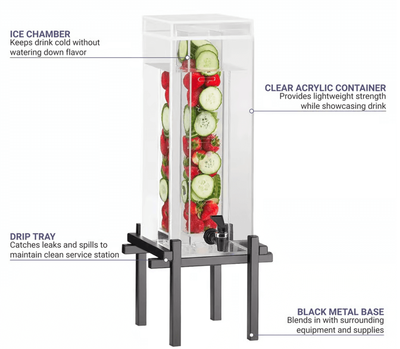 Cal-Mil 1 1/2 gal Beverage Dispenser w/ Infuser Clear Acrylic & Black Metal Base - Chicken Pieces