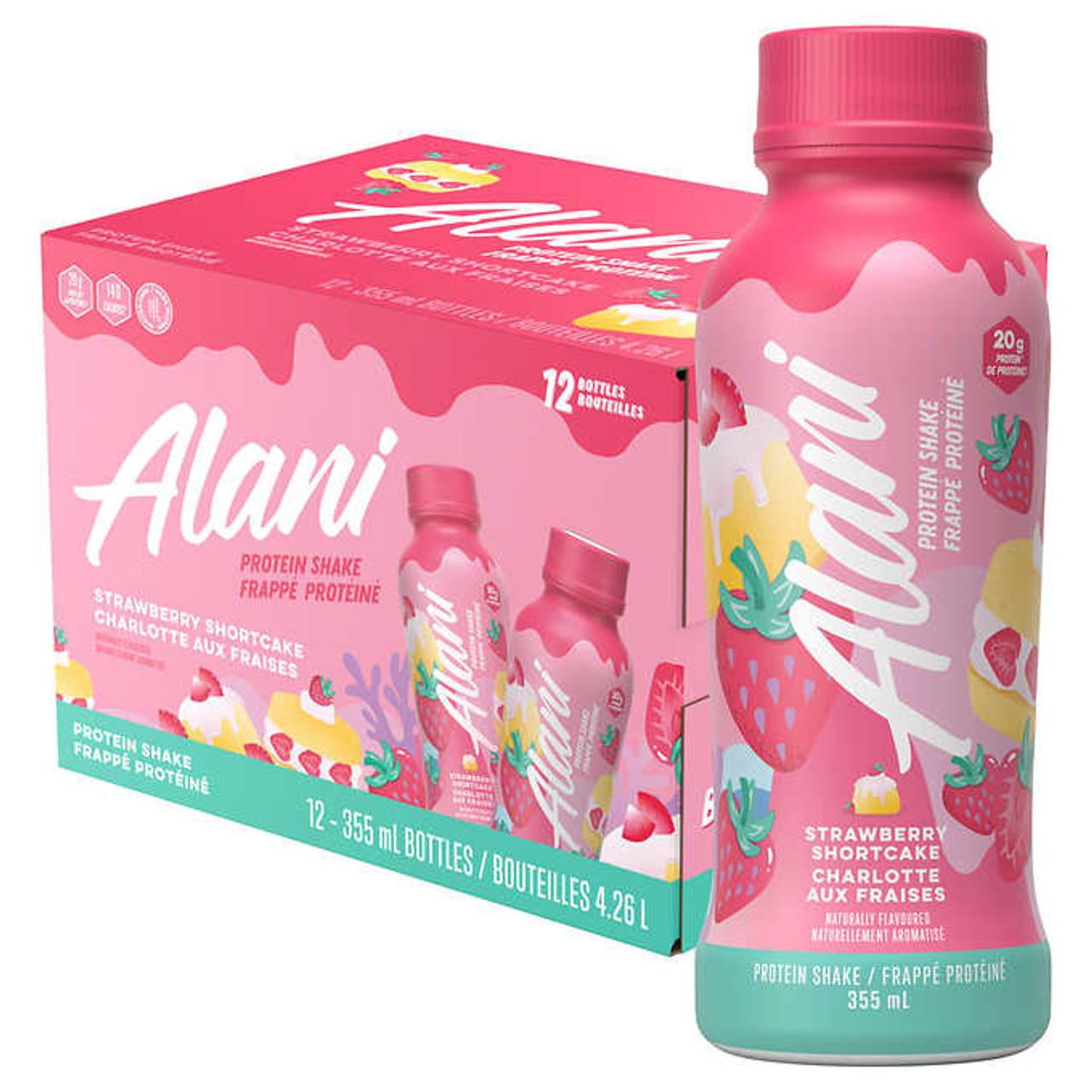 Alani Nu Protein Shake Strawberry 355mL, 12ct - Delicious & Nutrient-Rich Boost - Chicken Pieces