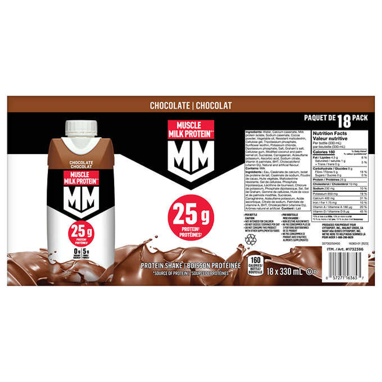 Muscle Milk Protein Chocolate Protein Shake, 18 x 330 mL - High-Protein & Fiber - Chicken Pieces