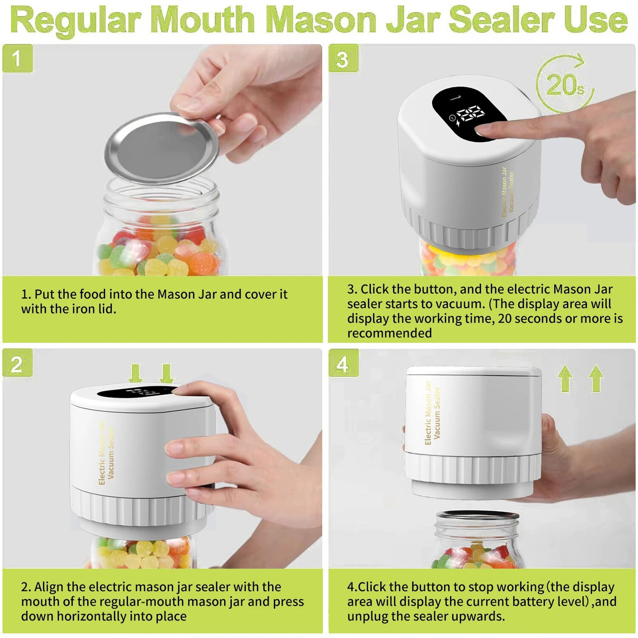 Electric Cordless Mason Jar Vacuum Sealer Kit for Wide-Mouth & Regular-Mouth Mason Jars