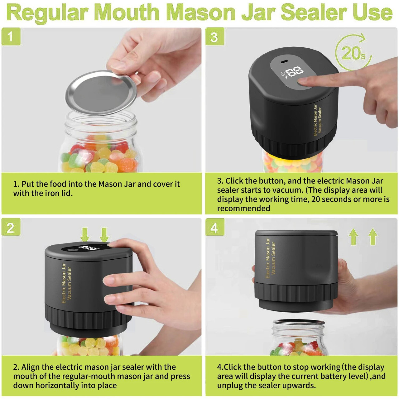 Electric Cordless Mason Jar Vacuum Sealer Kit for Wide-Mouth & Regular-Mouth Mason Jars