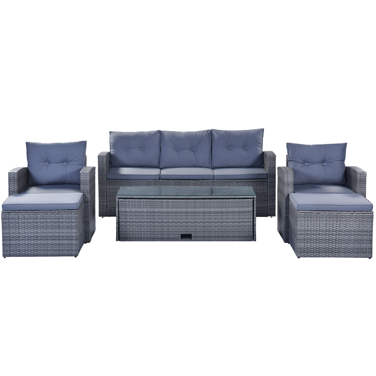 All-Weather Wicker PE Rattan 6-Piece Patio Dining Set - Includes Sofas, Ottomans, Coffee Table & Removable Cushions