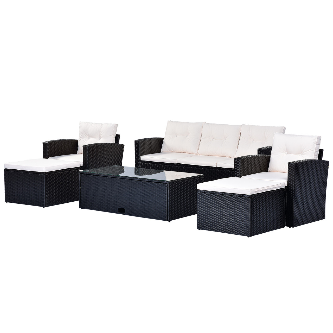 All-Weather Wicker PE Rattan 6-Piece Patio Dining Set - Includes Sofas, Ottomans, Coffee Table & Removable Cushions