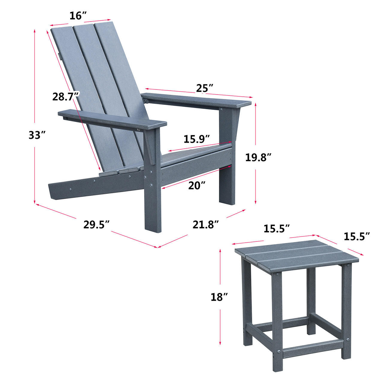 Chicken Pieces 3Pcs Outdoor Adirondack Chairs,Patio Lawn Chairs with Side Table,for Deck Garden Backyard Balcony,Dark Grey 