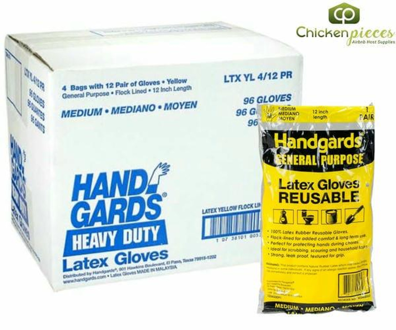 Chicken Pieces Handgard Latex Glove Medium Flock Lined Yellow 12-Pair (4/Case) - Reusable, Textured Grip 