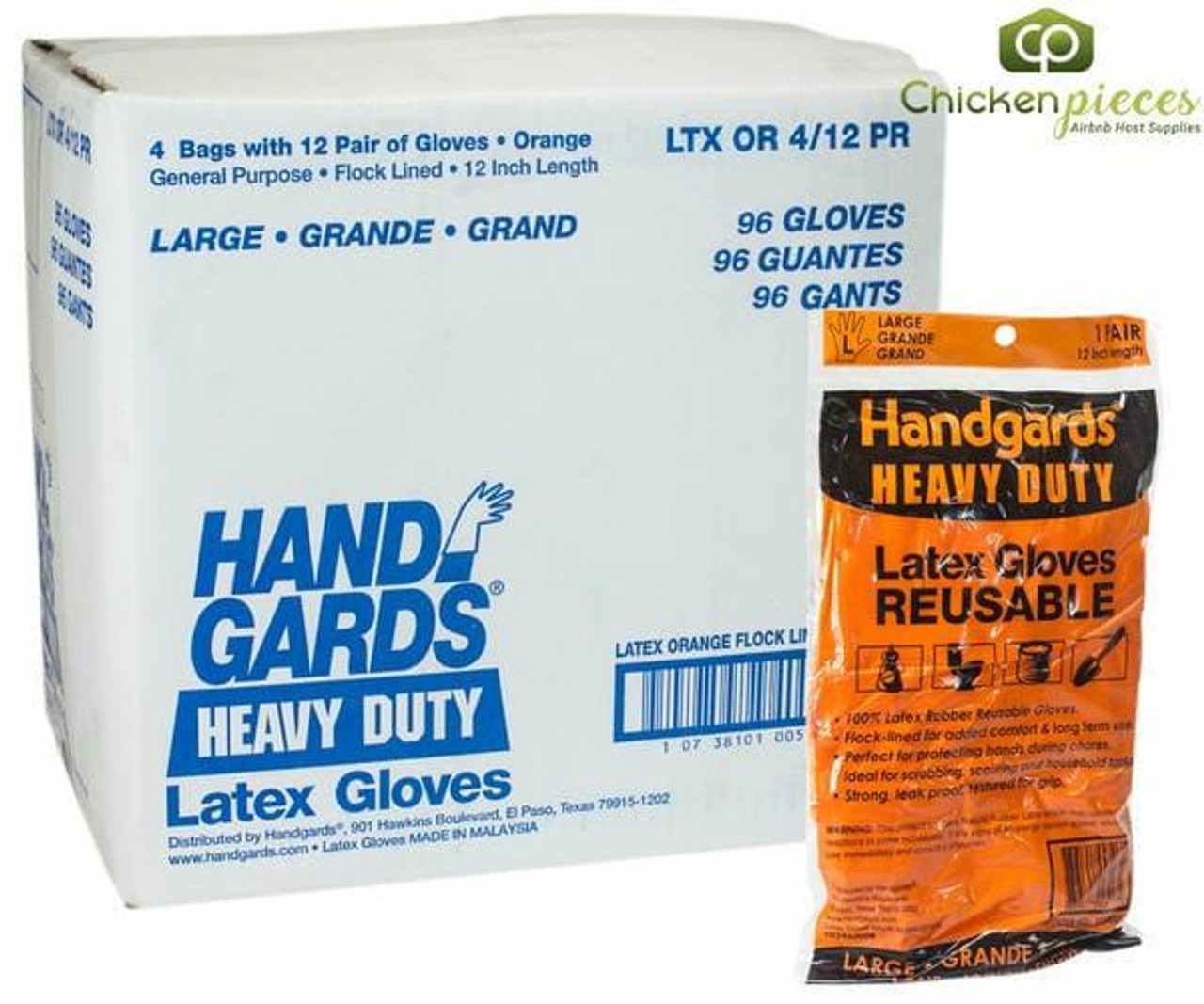 Chicken Pieces Handgard Latex Glove Reusable Orange Large 12-Pair (4/Case) - Heavy Duty 