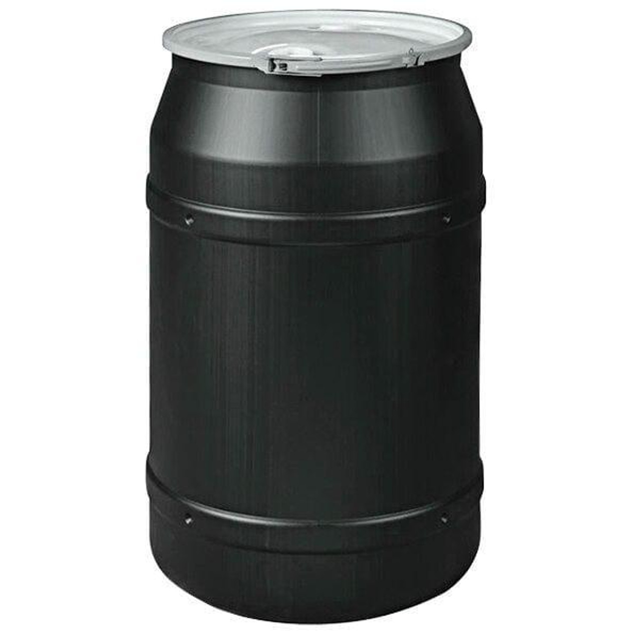 Chicken Pieces Eagle Manufacturing 55 Gallon Black Plastic Barrel Drum with 1/2" x 1 3/4" Bung Holes, Metal Lever-Lock 