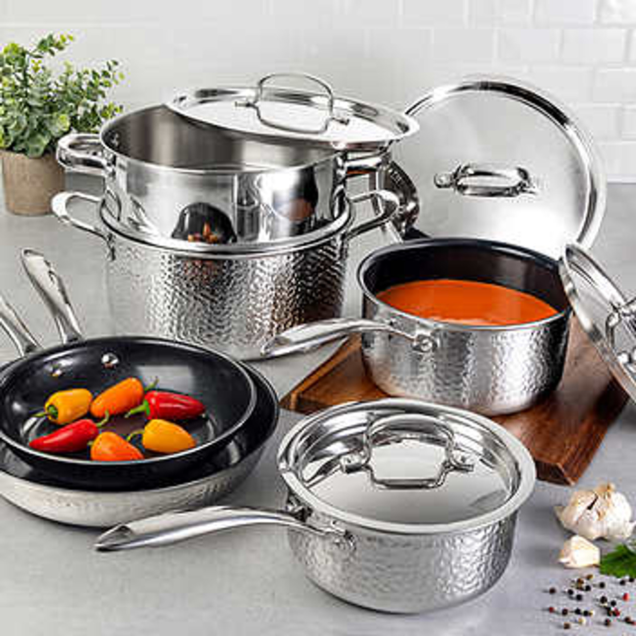 Granitestone Stainless Steel Hammered 10 Piece Nonstick Cookware Set - Silver