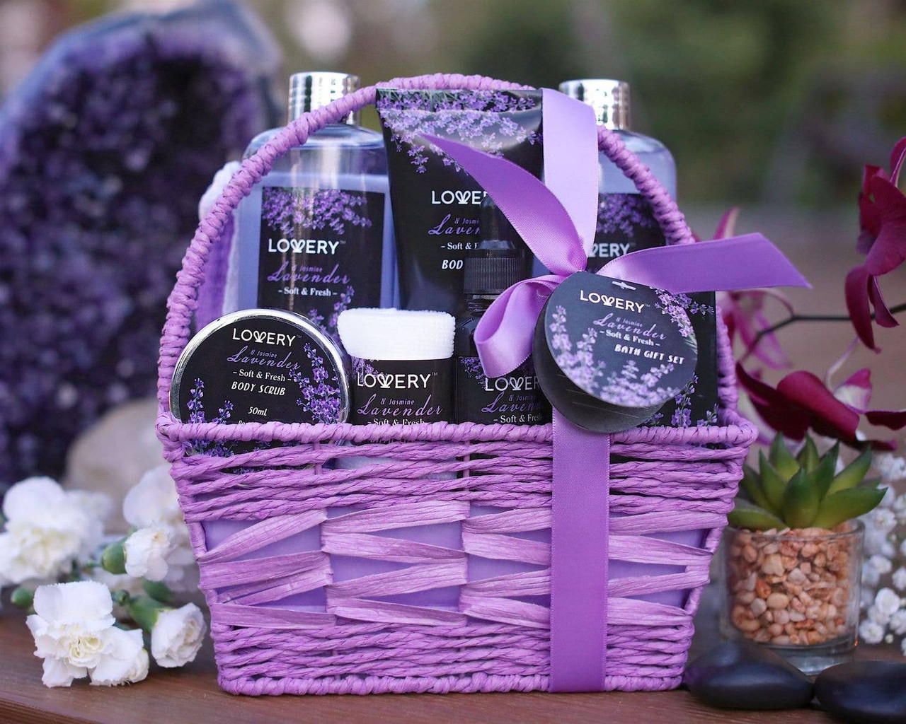 Home Spa Gift Basket - Lavender and Jasmine - 9pc Bath Set