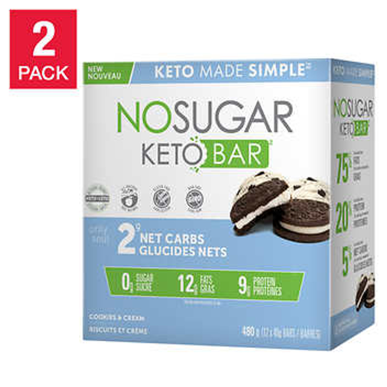 No Sugar Keto Bar Cookies and Cream 2-Pack - Low Carb, High Protein Snack- Chicken Pieces