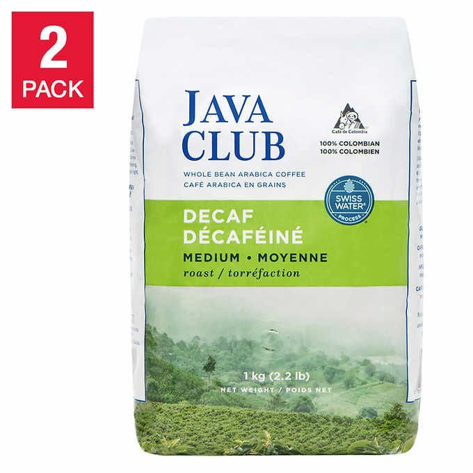 Java Club 100 Colombian Whole Bean Decaf Arabica Coffee 2 x 1 kg