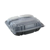 Earth Choice 54oz 3-Compartment Hinged Black Containers, 10.5X9.5X3.1In, Clear Vented Lid | 132UN/Unit, 1 Unit/Case