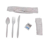White 6-in-1 Cutlery Kit | Fork, Knife, Teaspoon, Napkin, Salt & Pepper | 100 Kits/Case | Individually Wrapped