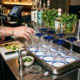 Chicken Pieces Margarita Glass with Blue Rim and Base 12 oz - 12/Case. CHICKEN PIECES.