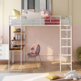 Full Size Metal Loft Bed with 2 Shelves and one Desk | Modern Space-Saving Design