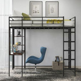 Full Size Metal Loft Bed with 2 Shelves and one Desk | Modern Space-Saving Design