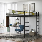 Full Size Metal Loft Bed with 2 Shelves and one Desk | Modern Space-Saving Design
