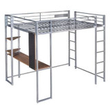 Full Size Metal Loft Bed with 2 Shelves and one Desk | Modern Space-Saving Design