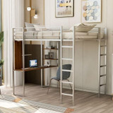 Full Size Metal Loft Bed with 2 Shelves and one Desk | Modern Space-Saving Design