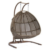 Brown Wicker Hanging Double-Seat Swing Chair with Stand w/Beige Cushion 