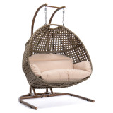 Chicken Pieces Brown Wicker Hanging Double-Seat Swing Chair with Stand w/Beige Cushion  