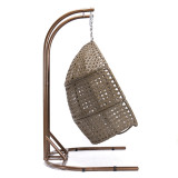 Chicken Pieces Brown Wicker Hanging Double-Seat Swing Chair with Stand w/Beige Cushion  
